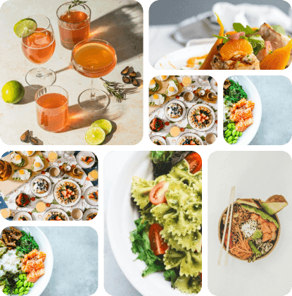 Assortiment de plats variés incluant des cocktails et différentes salades présenté de manière esthétique.