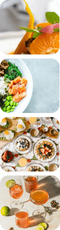 Assortiment de plats variés incluant des cocktails et différentes salades présenté de manière esthétique.
