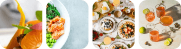 Assortiment de plats variés incluant des cocktails et différentes salades présenté de manière esthétique.